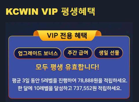 KCWIN VIP 프로그램에 참여하고 업그레이드 보너스, 주간 급여, 생일 선물 등 평생 독점 혜택을 누리세요